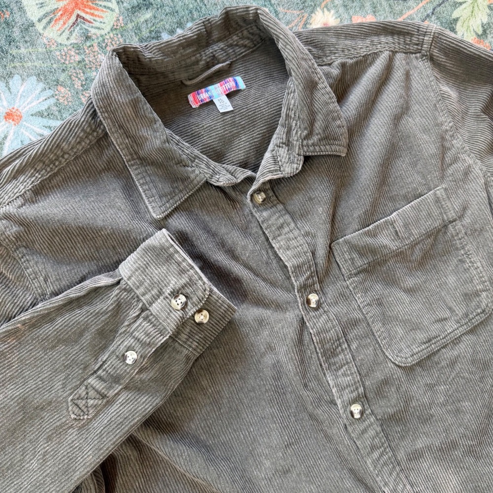 Urban Outfitters Mens XL Corduroy Button Down‎ Shirt Olive Long Sleeve Pockets